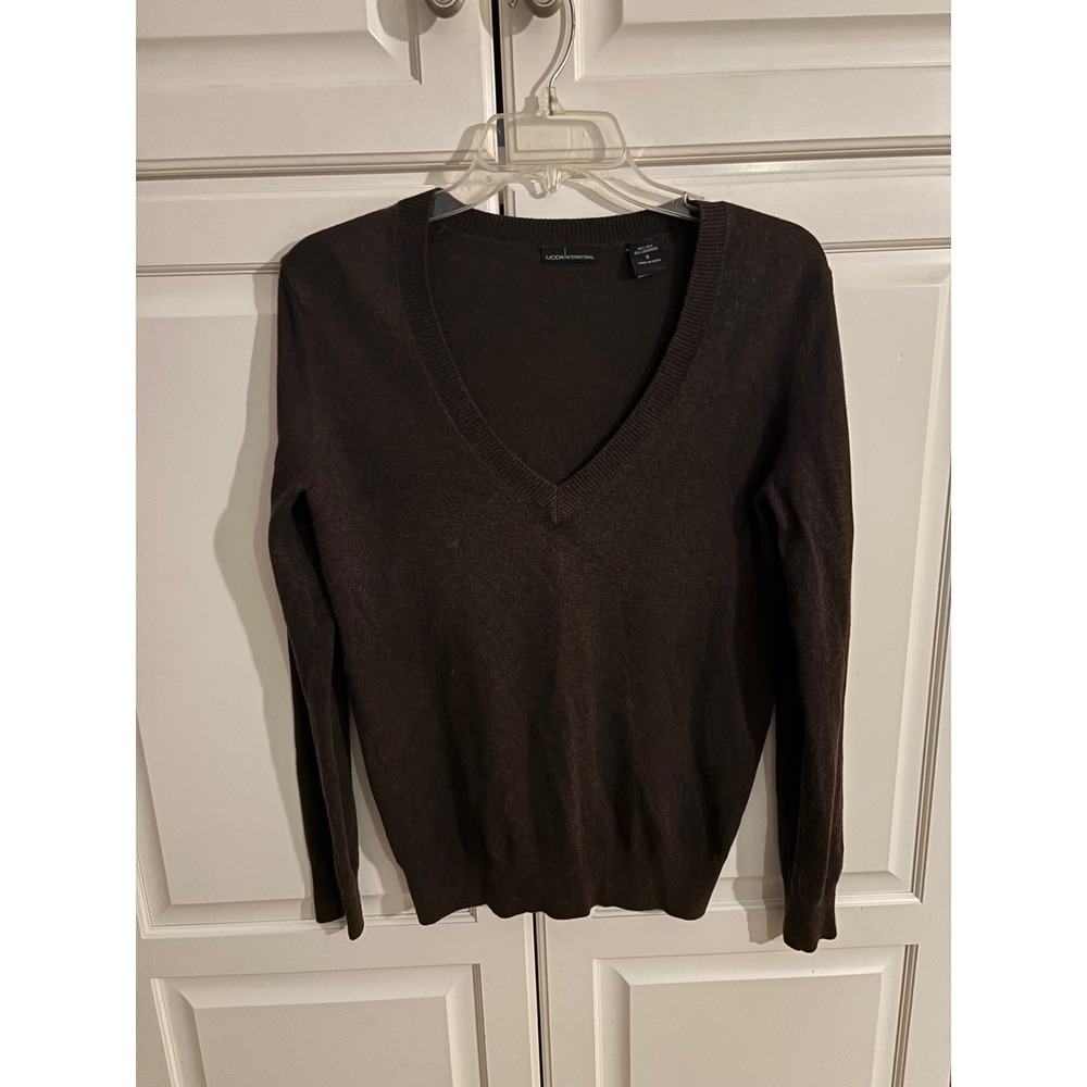 Moda International Silk Cashmere V-Neck Sweater Brown Womens Small